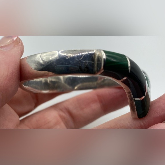 TAXCO Sterling Silver Malachite & Onyx Chevron Hinged Bracelet Stamped Mexico HP - Picture 13 of 14